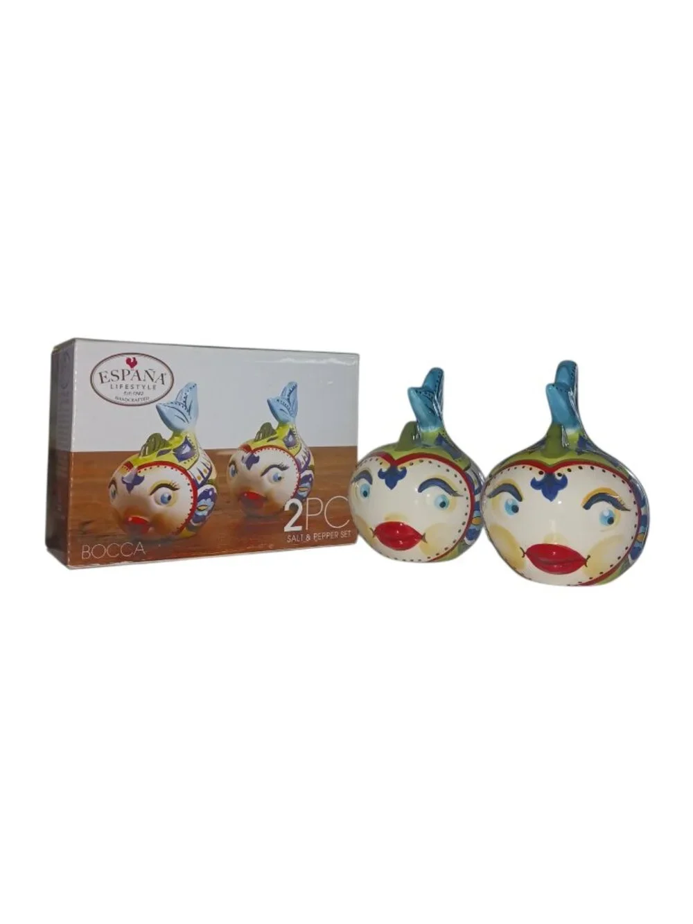 España Lifestyle Bocca Fish Face Ceramic Salt & Pepper Shakers Set w/ Box
